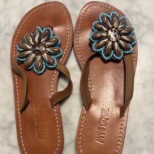 Mystique Boutique Tan Sandals with Blue Floral Design